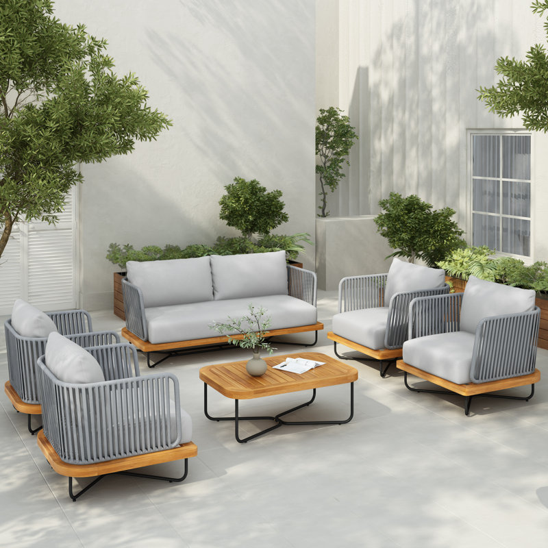 Loegan Outdoor 6-Pieces Acacia Wood Rope Woven Conversation Set, Gray, Gray Rope/Teak