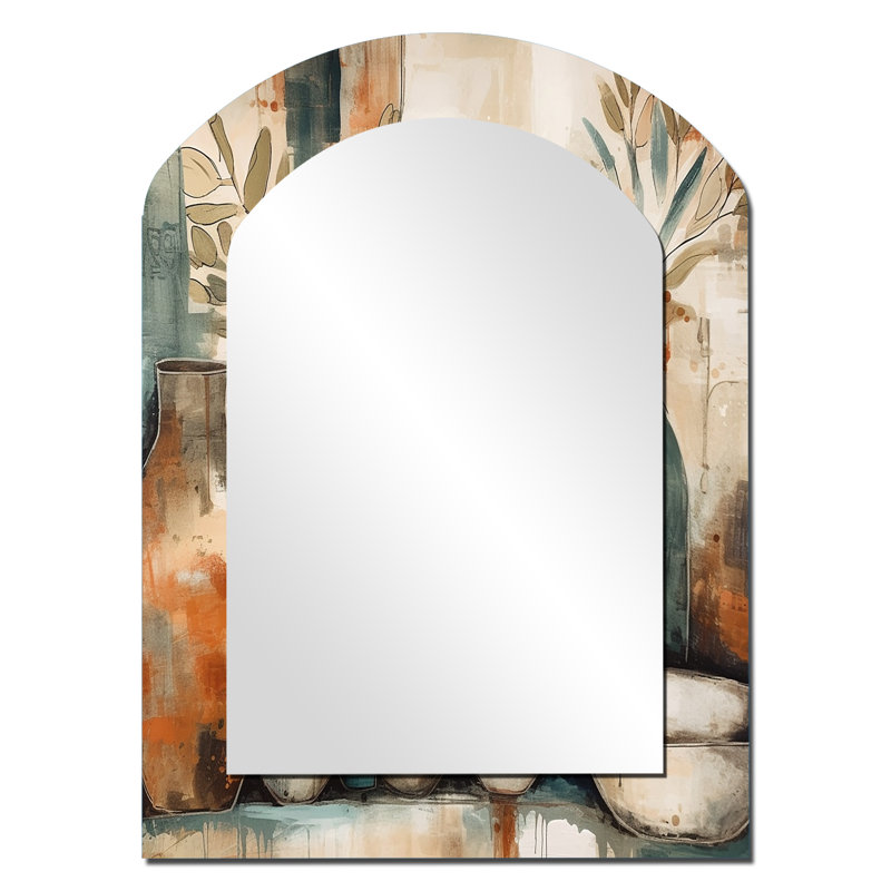 Orange et vert canalisant les vibrations bohémiennes - miroir mural asymétrique plume bohème, miroir de forme unique traditionnel, art imprimé en métal