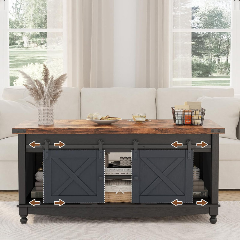 Table basse 48 po à plateau relevable avec porte de grange coulissante et grand compartiment caché