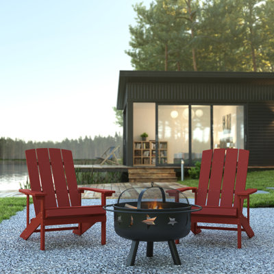 Star and Moon Fire Pit with Mesh Cover & 2 Poly Resin Adirondack Chairs