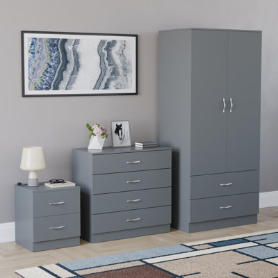 Maybery 3 Piece Bedroom Set (2 Drawer Bedside Chest, 4 Drawer Chest, 2 Door 2 Drawer Wardrobe), (4)
