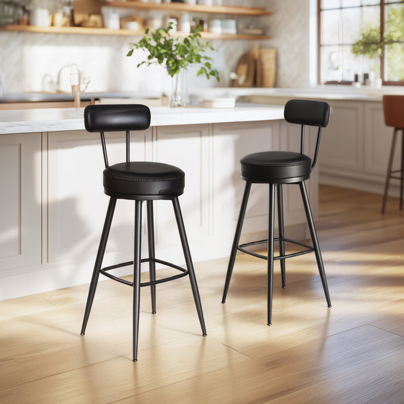 Angelleah Stools with Back, Synthetic Leather, Black, Bar Stool (30" Seat Height)