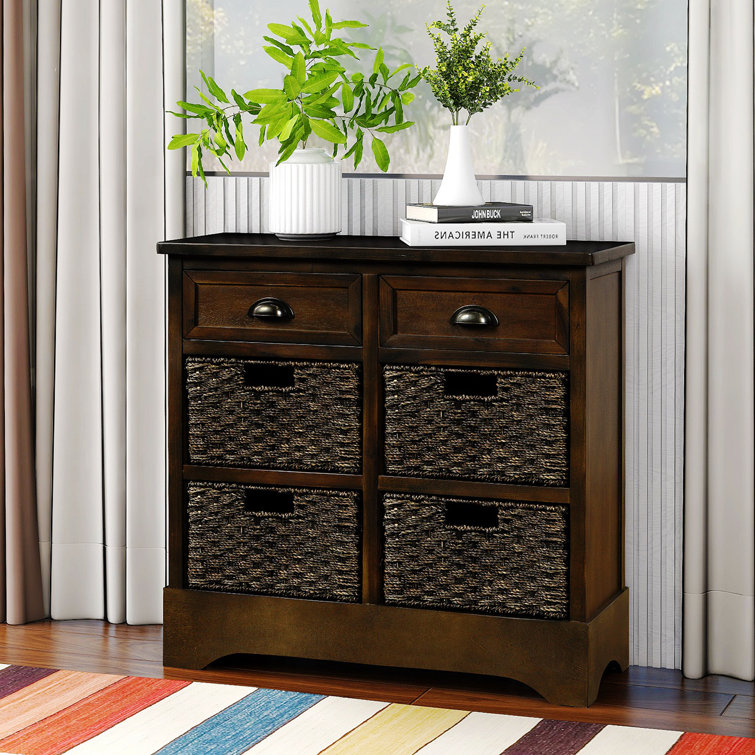 Storage Cabinet with Drawers and Rattan Basket for Living Room