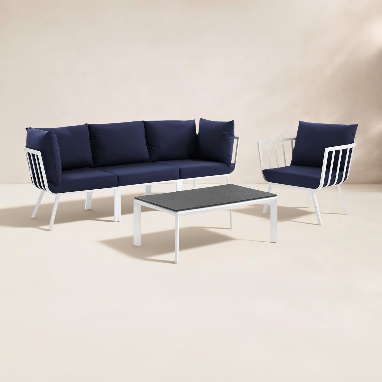 Riverside 4-Person Patio Seating Group, White Frame/Navy Cushion