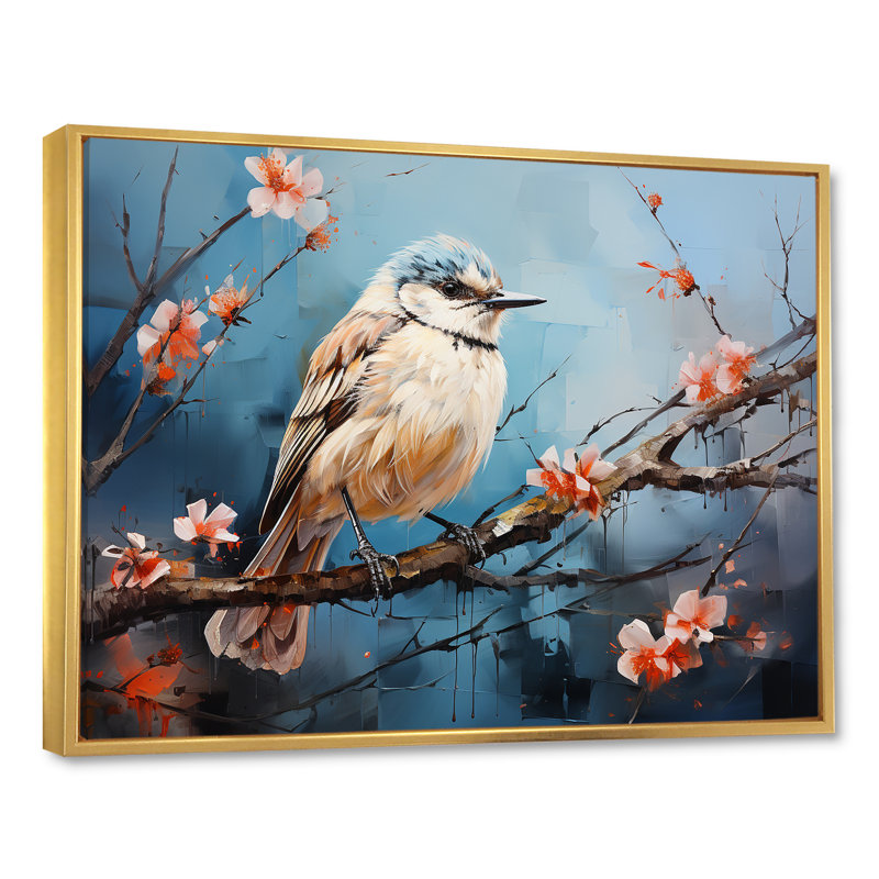 «Winter Birds On Snowdrops Branch» sur toile, Cadre flottant doré, H 30 po x l 40 po x P 1,5 po