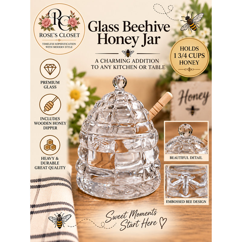 Glass Beehive Honey Jar with Wooden Honey Dipper – Heavy Quality Glass – Holds 1 3/4 Cups