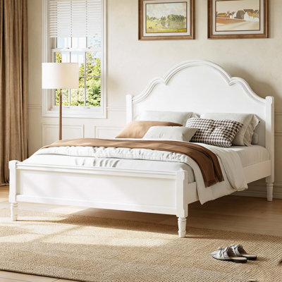 Grand lit plateforme en bois avec tête et pied de lit, blanc