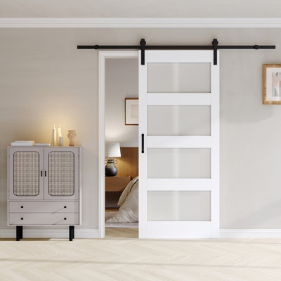 36"x84"  4-Lite White Frosted Glass and Manufactured Wood Sliding Barn Door with Installation Hardware Kit