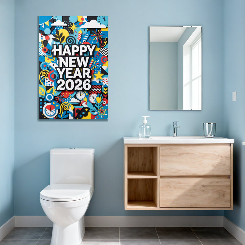 Motif festif coloré avec horloges et étoiles, H 20 po x l 30 po