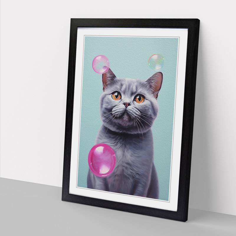 British Shorthair Cat Bubble Gum Painting - Framed Print, 34cm H x 25cm W x 2cm D, Black