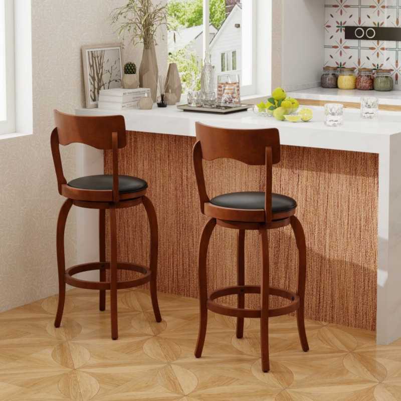 Ensemble de 2 tabourets pivotants avec structure en bois d'hévéa et siège rembourré