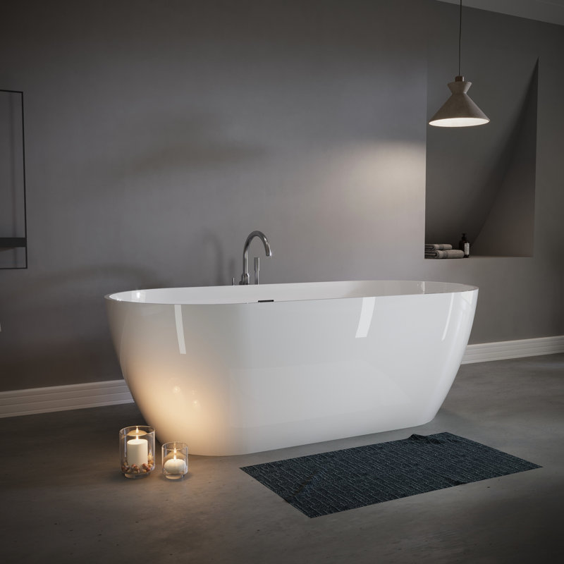 Baignoire de trempage autoportante de luxe de 63 po, blanc brillant, conception à surface solide, trop-plein et bonde escamotable, convient aux salles de bain spa modernes, retenue en pierre isolante contemporaine