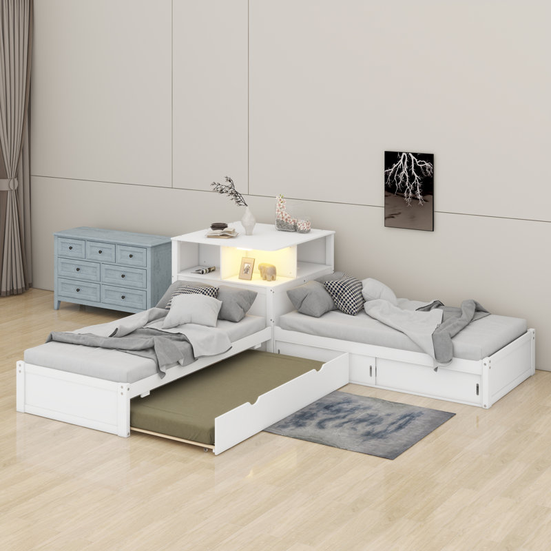 Lit plateforme en L avec éclairage à DEL et armoires, cadre de lit plateforme en bois avec lit gigogne et bureau, Blanc