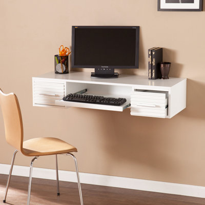 Bureau flottant scandinave, blanc, 2 tiroirs et plateau coulissant, fixation murale pour bureau personnel / artisanat / média, contrôle de cordon
