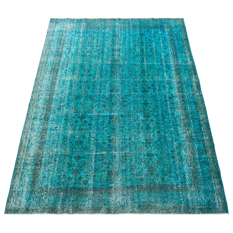 Tapis turquoise en laine noué à la main de conception unique 6 pi 11 po x 10 pi 2 po Leiser