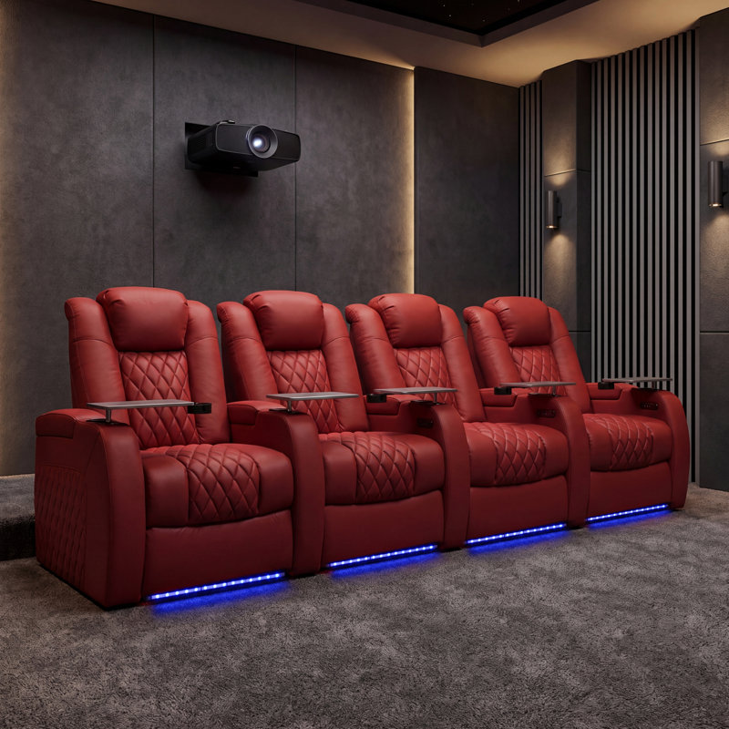 Leather Power Reclining Home Theater Seating with Cup Holder, Red Genuine Leather