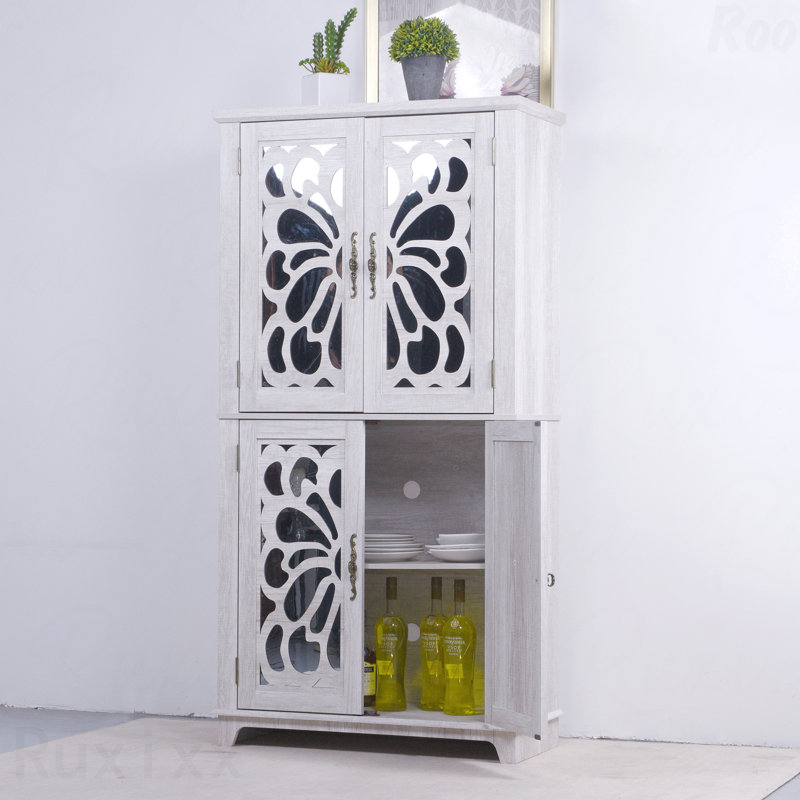 Light Gray 67.4"H 4 Mirrored Doors Accent Storage Cabinet, Corner Entryway Living Room Bedroom Kitchen Display Cabinet Bookcase With Adjustable Shelves