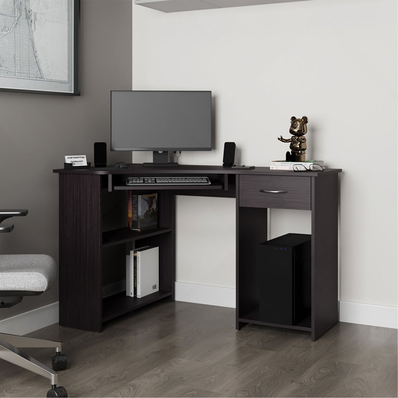 Wenge Corner Computer Desk L-Shaped With Drawer And Shelf, Black