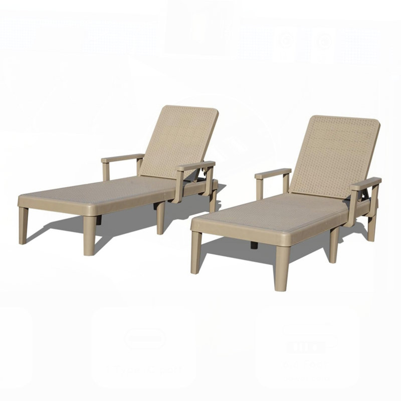 Pool Lounge Chairs Set of 2, Adjustable Backrest and Armrest, Resin Waterproof Chaise for Poolside and Patio, Khaki