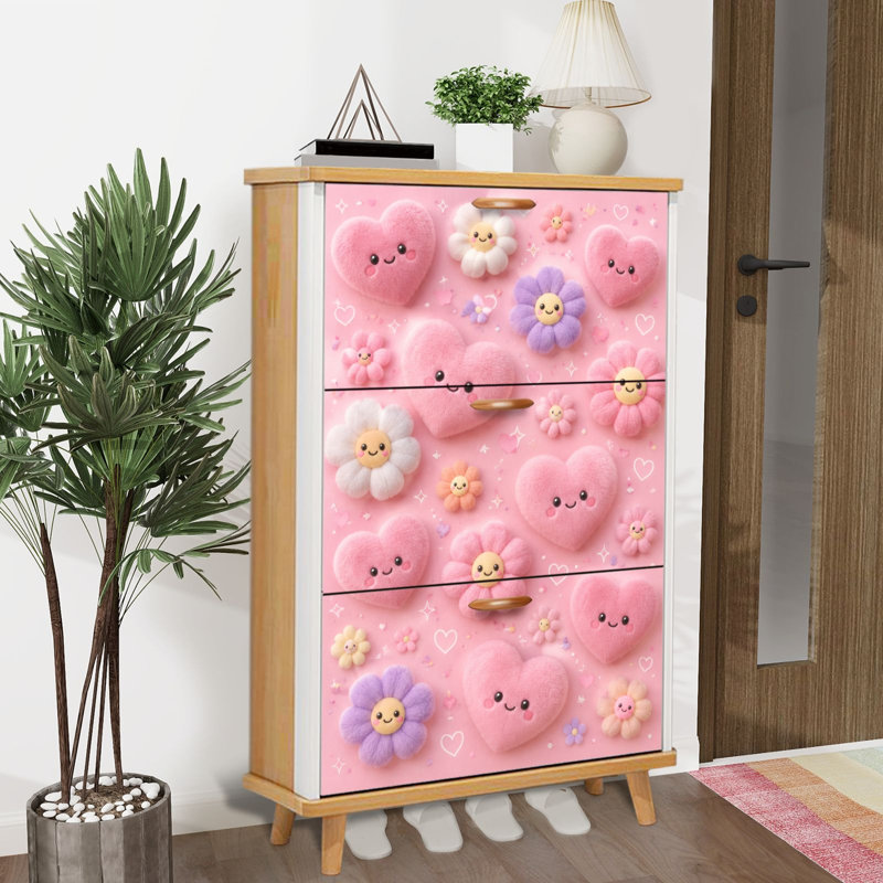 Armoire de rangement pour chaussures avec 3 tiroirs rabattables pour un joli cœurs en peluche roses fleurs souriantes rose pastel