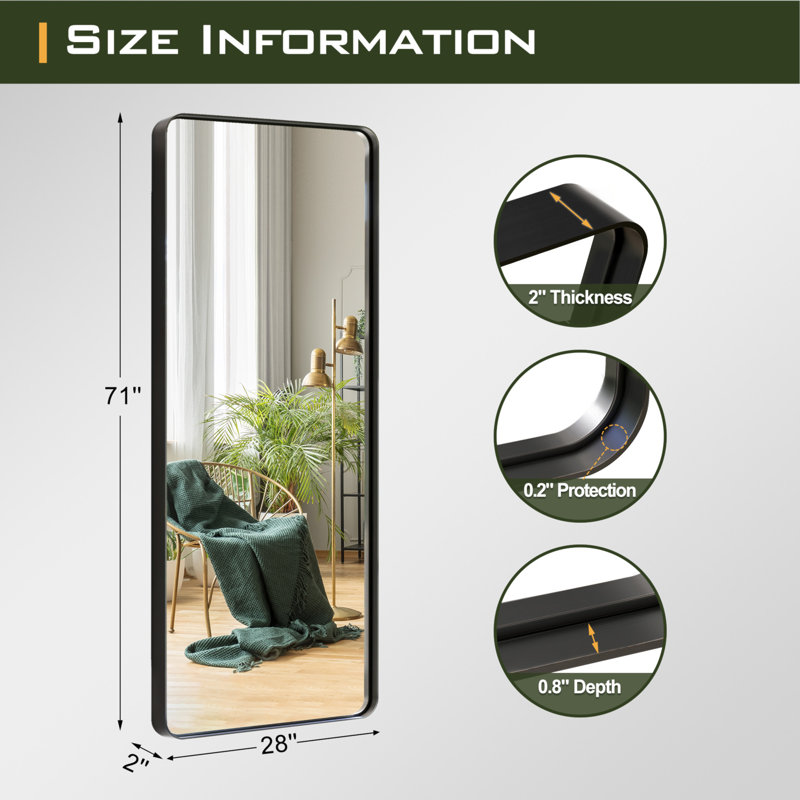 Miroir de salle de bain rond à DEL en alliage d'aluminium avec miroir de salle de bain, 28 po x 71 po, Noir, noir, noir, noir