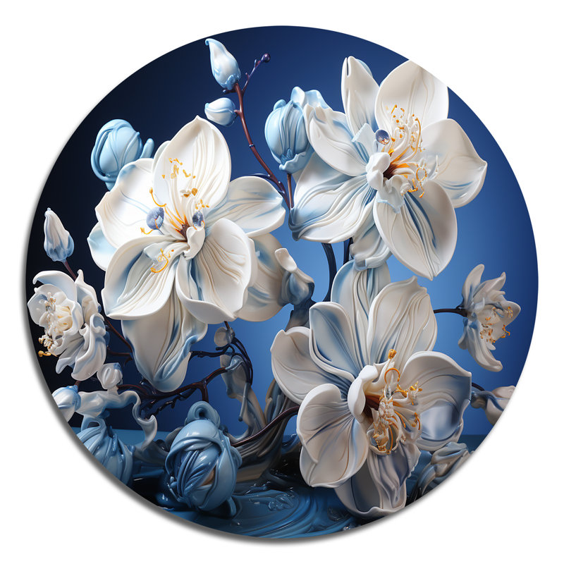 Orchidées blanches et bleues de sérénité - Art floral rond en métal, H 23 po x l 23 po
