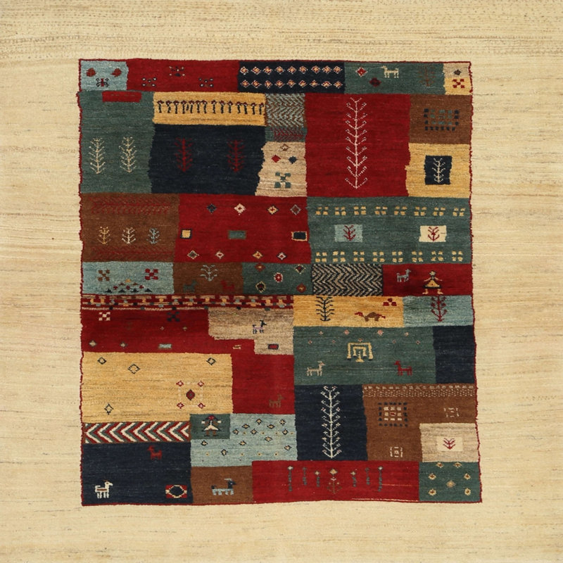 Tapis beige/noir/rouge contemporain, Carré 5 pi