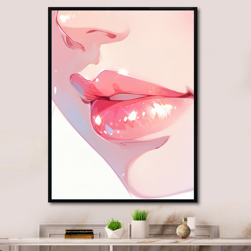 «Pink Pastel Pout Lips» sur toile, Cadre flottant noir, H 32 po x l 16 po x P 1 po