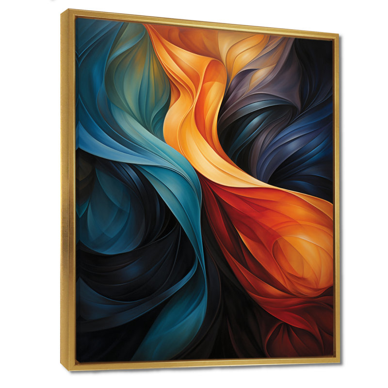 Décoration murale rétro bleu orange liquide - Vagues, H 32 po x l 16 po x P 1 po, Toile avec cadre flottant or