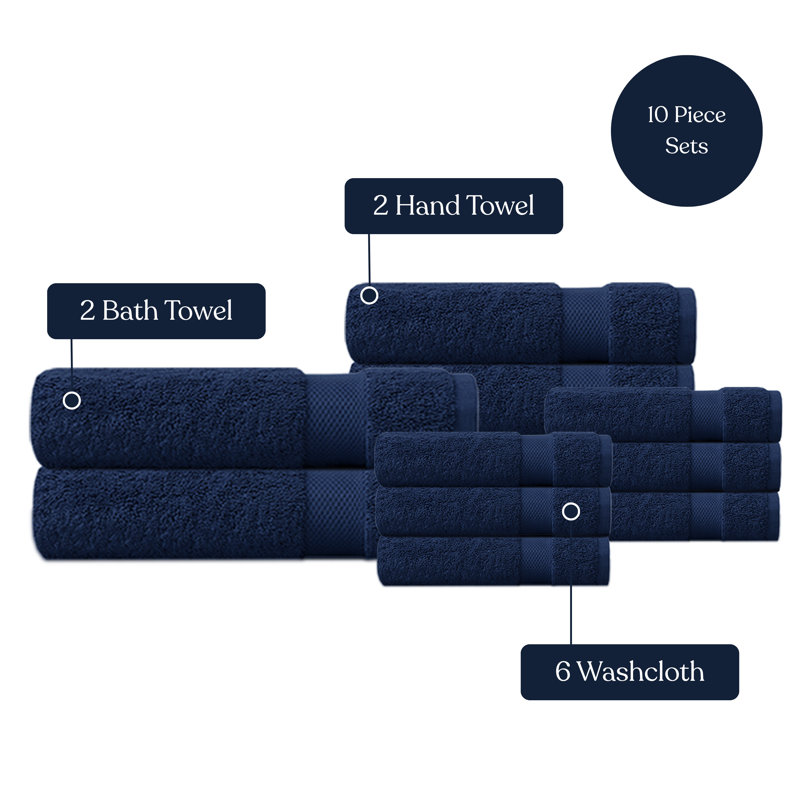 Delara Organic Cotton Plush Towel Set of 10, GOTS & OEKO-TEX Certified, 650 GSM, Soft, Quick-Dry, Absorbent, Hotel Quality