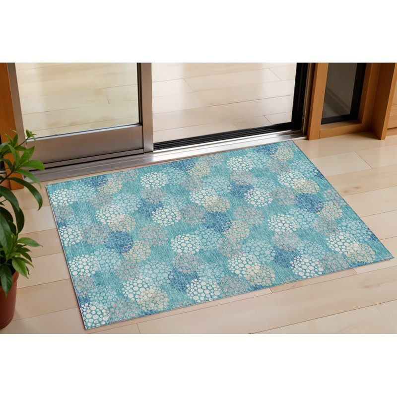 Tapis intérieur / extérieur lavable à pois bleu sarcelle 3 pi x 5 pi bleu sarcelle et ivoire