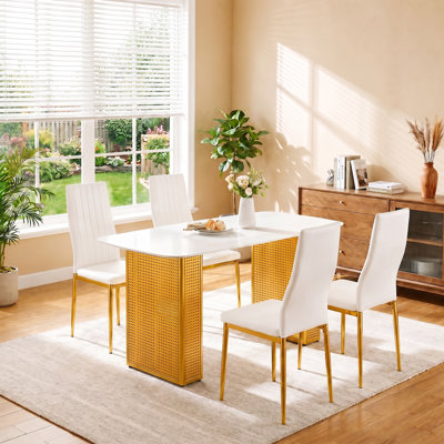 55" Marble Dining Table Set for 4, Marble-Patterned Tempered Glass Kitchen Table With Metal Legs & 4 PU Leather Chairs, for Dining,  Kitchen