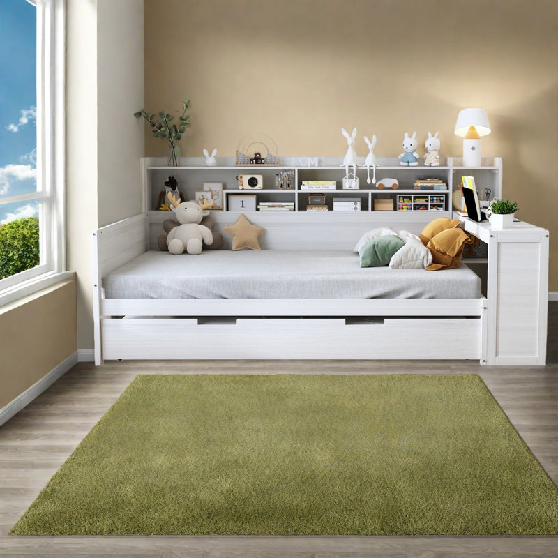 Lit de jour multifonctionnel en bois avec rangement et bureau, blanc antique