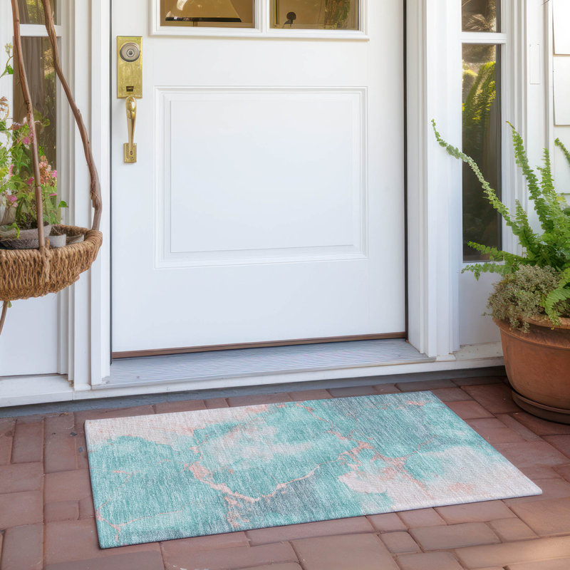 Tapis bleu sarcelle lavable à la machine intérieur / extérieur Xhevrie, Rectangle 1 pi 8 po x 2 pi 6 po