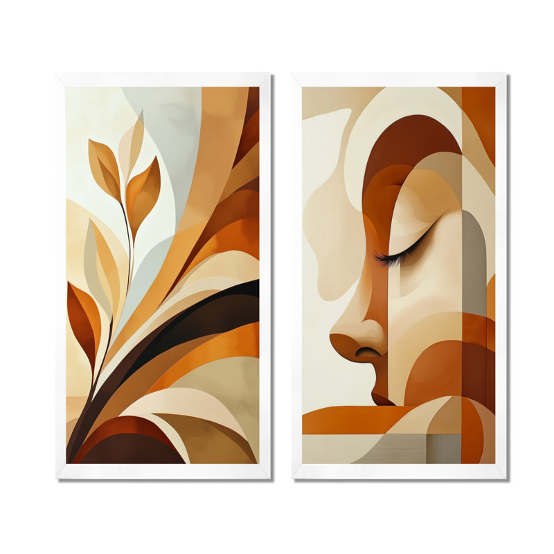 Formes bohèmes superposées III - Ensemble de 2 toiles abstraites bohèmes, 32" H x 32" W, White Picture Framed
