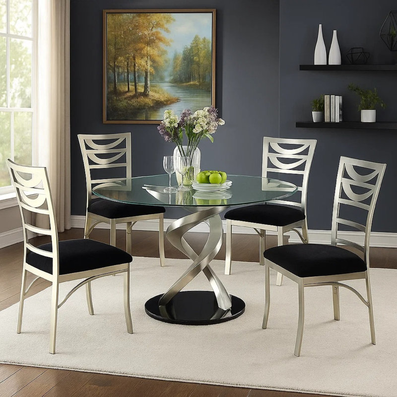Ensemble de salle à manger 5 pièces Roxe, table en verre, 4 chaises à dossier échelle, noir argenté