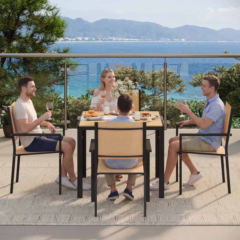 5 Piece Outdoor Patio Dining Set With 1 Square Patio Table & 4 PVC-coated polyester Stackable Chairs, Patio Dining Furniture For 4, Wpc Tabletop And All-weather Resistant Iron Frame, Suitable For Garden, Backyard And Deck, Brown