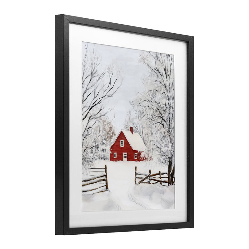 «Red Farmhouse in Snow», reproduction encadrée sous verre, design par Arlington Prints, H 16 po x l 13 po, Cadre noir minuit