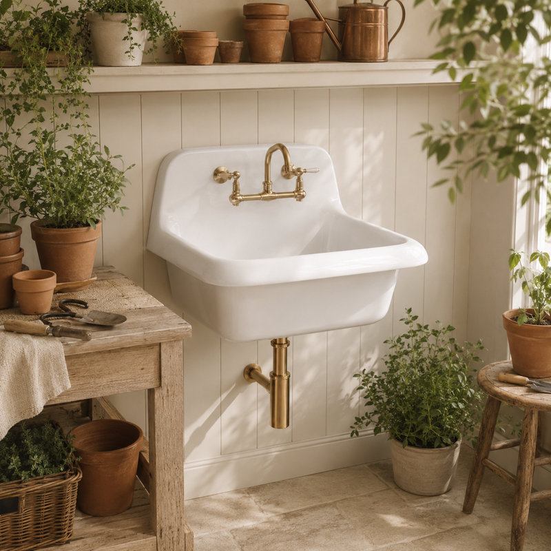 ELLAI 24-in Wall Mounted High Back Utility Sink White Ceramic Farmhouse Laundry Sink Bathroom Sink