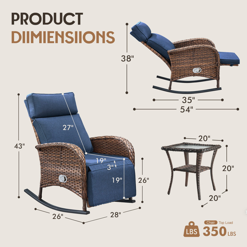 Chaise berçante inclinable pour patio avec dossier et repose-pieds réglables, ensemble de 2 chaises longues toutes saisons avec table d'appoint