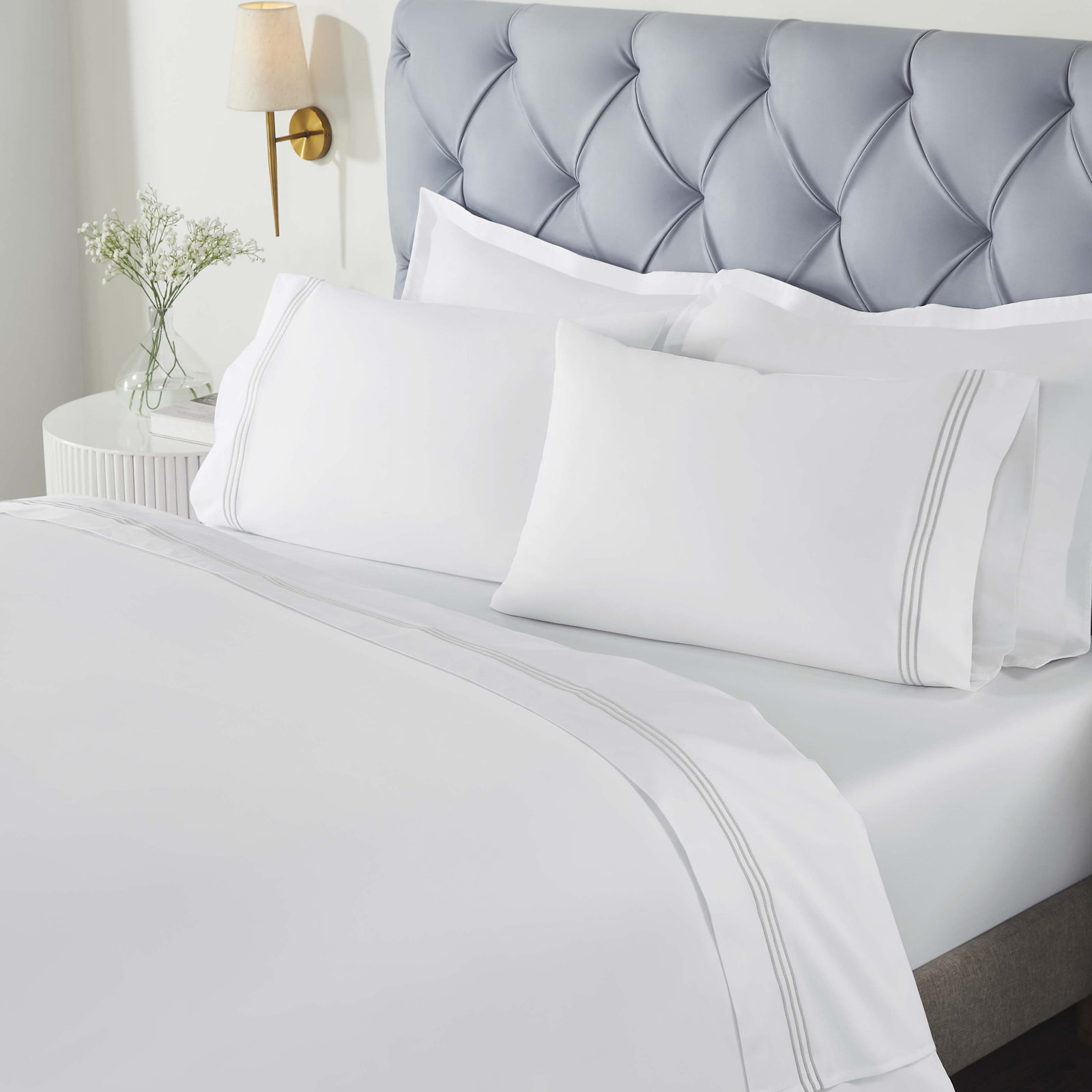 Embroidered Cotton Sheet Set, King Sheet Set with 2 Pillowcases, White/Silver