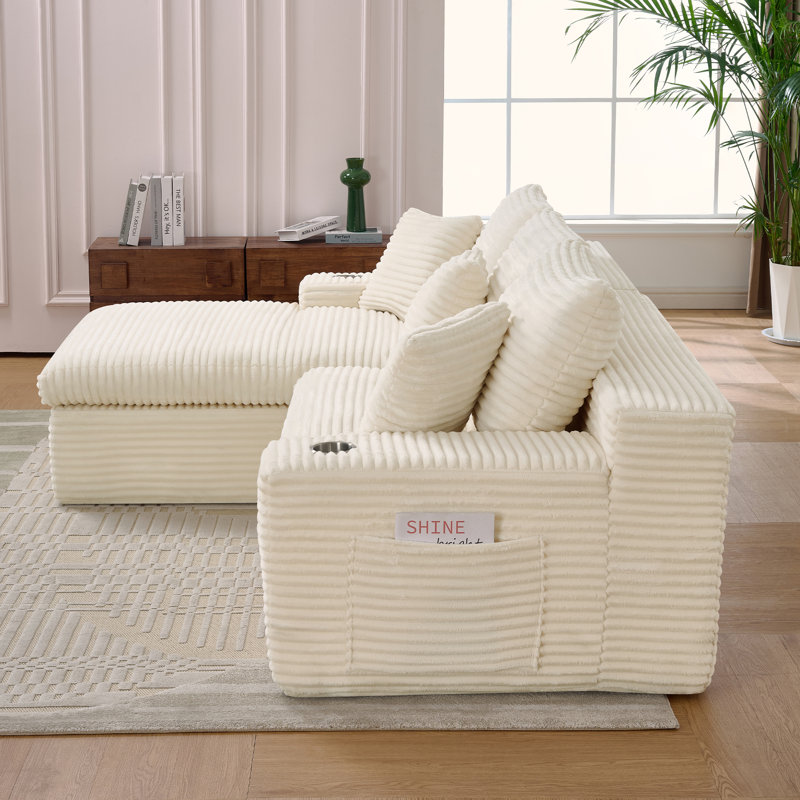 98.4" Upholstered Modular Sofa Corduroy Compression Sofa & Chaise with Cupholders and Side Pockets - No Assembly Required