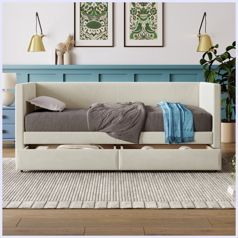Modern Twin Size Corduroy Daybed with Two Drawers and Wood Slat, Beige