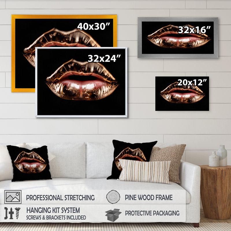 Rosegold Lips of Luxury - imprimé, H 24 po x l 32 po x P 1 po, Cadre flottant doré