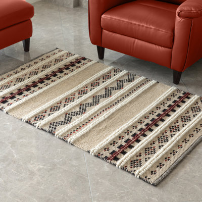 Tapis beige / noir en laine tissé à plat à la main à motif géométrique