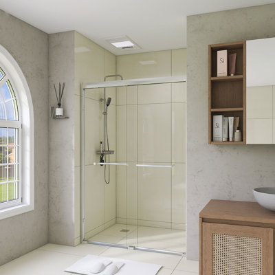 Porte de douche coulissante double l 44 à 48 po x H 72 po, verre trempé de 1/4 po (6 mm) avec film antidéflagrant, cadre en aluminium et poignée en acier inoxydable, nickel brossé, design minimaliste moderne
