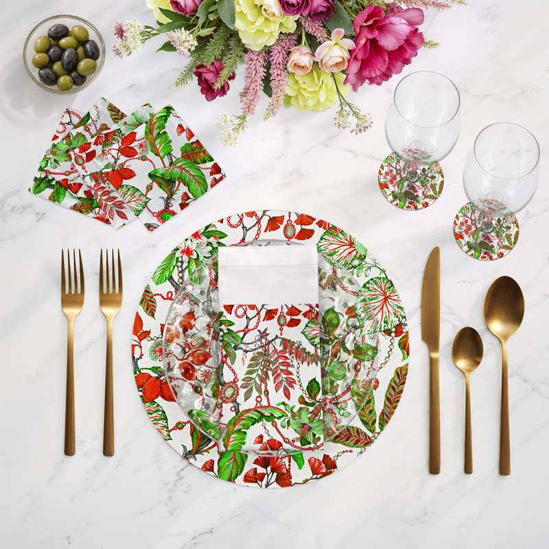 Plumeria Cotton Sateen Cocktail Napkins, Red