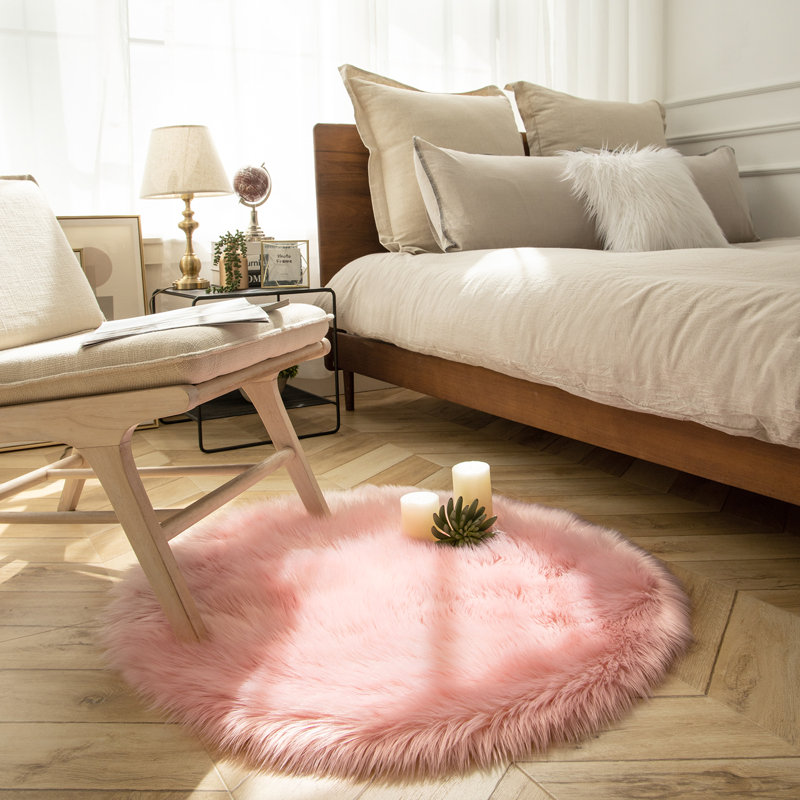 Soft Faux Fur Area Rug Fluffy Shag Decorative  Accent Rug for Bedroom, Round 3', Pink