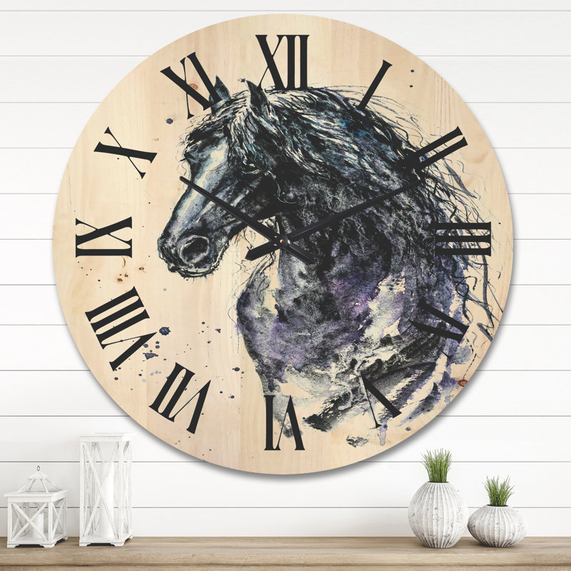 Portrait d'un cheval frison avec une longue horloge murale, Très grand
