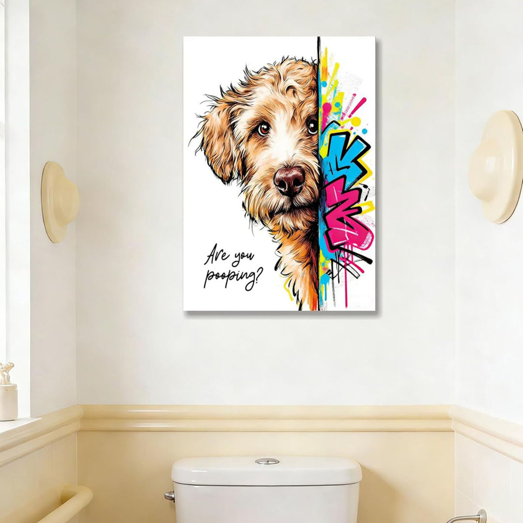 16x24“ Funny Goldendoodle Dog Bathroom Wall Art Painting, "Are You Pooping?" Graffiti Pet Canvas Print, Humorous Restroom Poster Decor for Washroom Ba